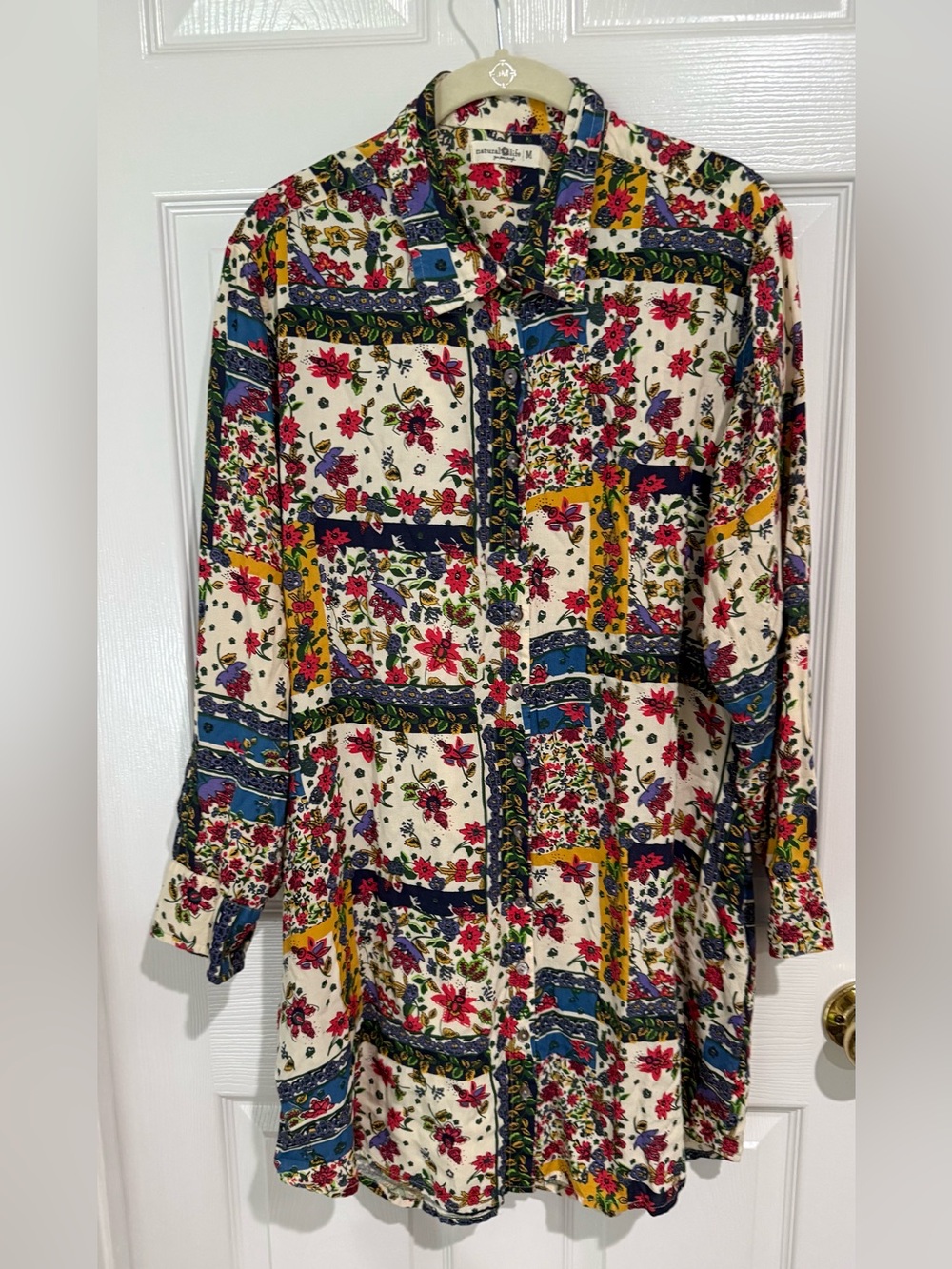 NATURAL LIFE Floral Patchwork Button-Down Dress in Cream, Blue, Yellow, Red